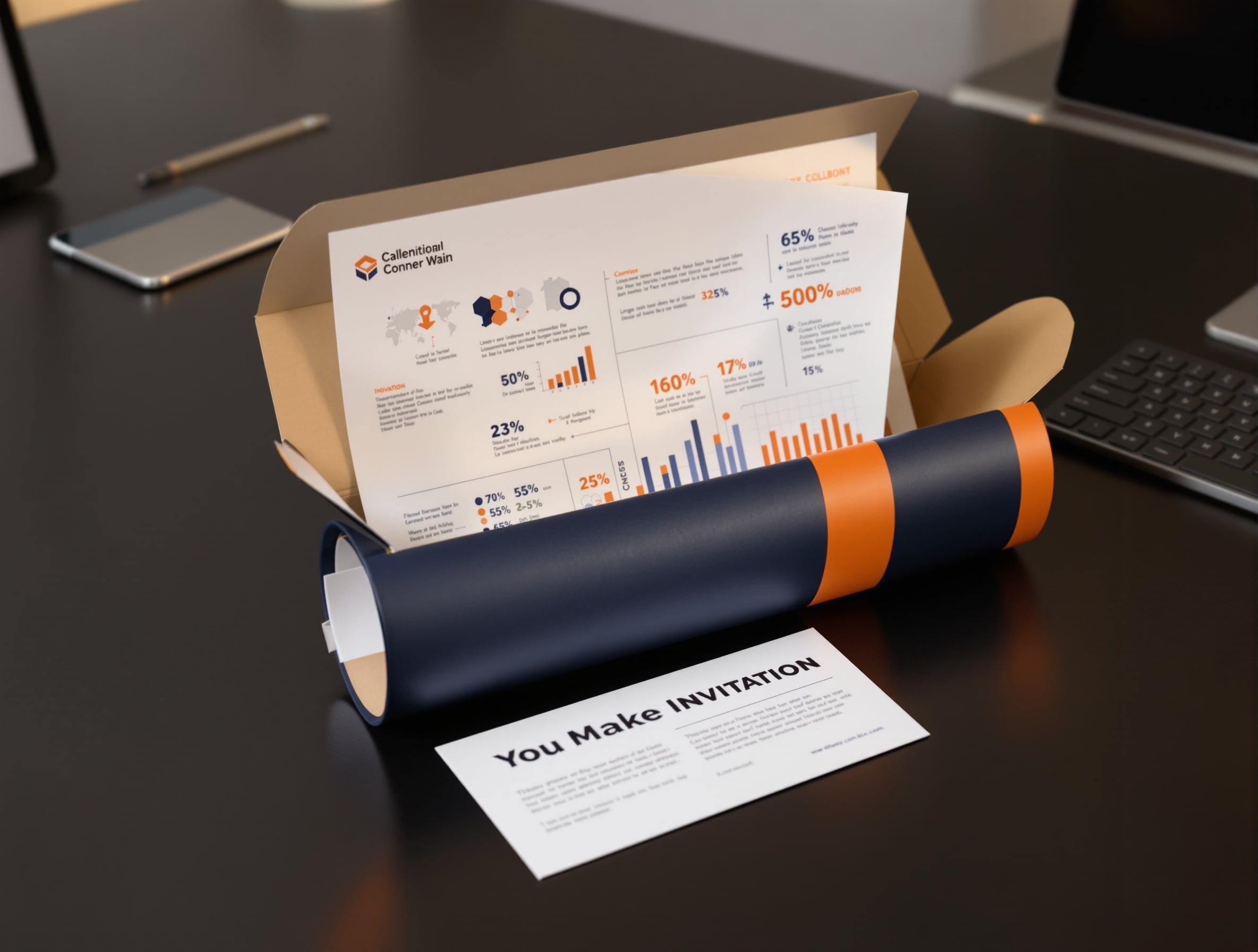 Dimensional tube mailer with rolled custom infographic and personalized invitation card