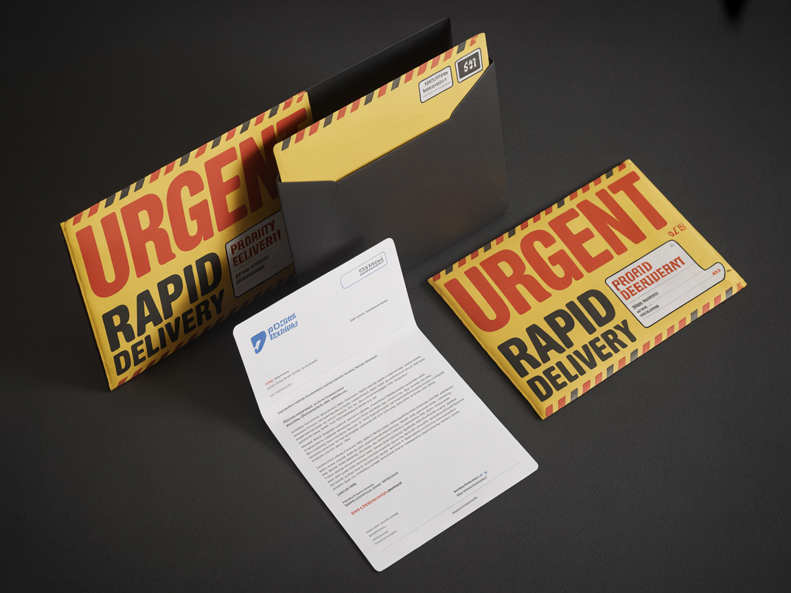Bold urgent letter direct mail envelopes with express delivery styling, red and yellow priority graphics