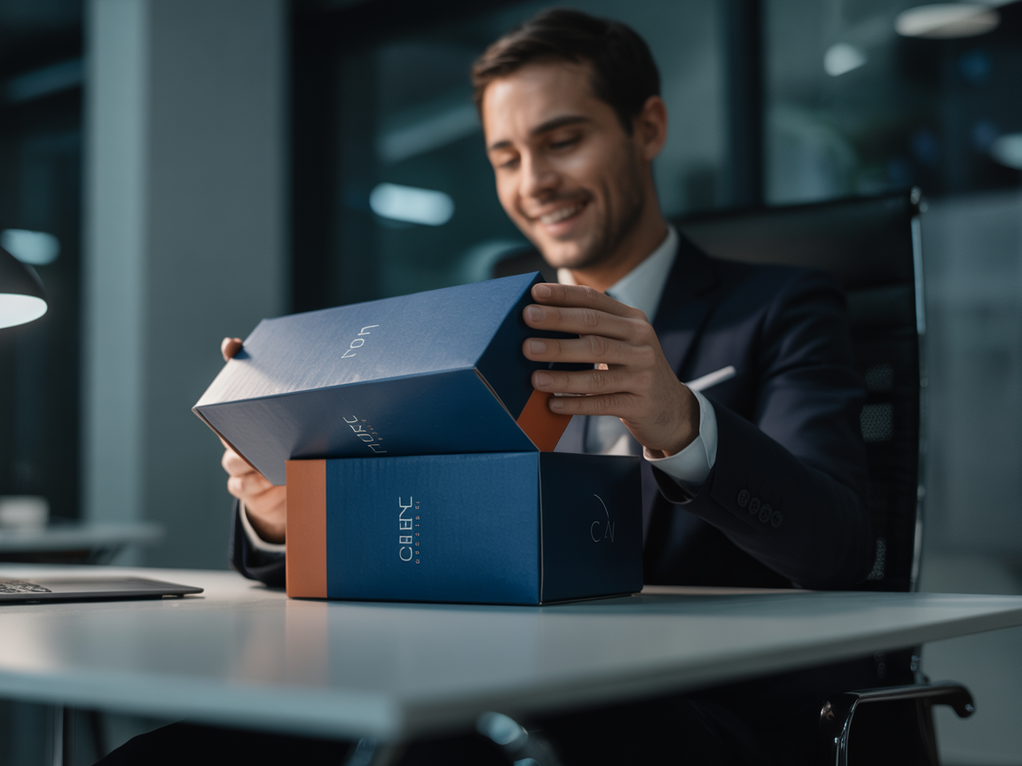 Business professional opening a premium branded direct mail package at their desk